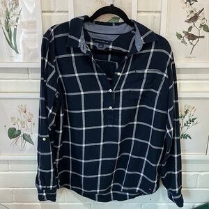 Tommy Hilfiger Navy Blue Plaid Henley Long Sleeve Top
